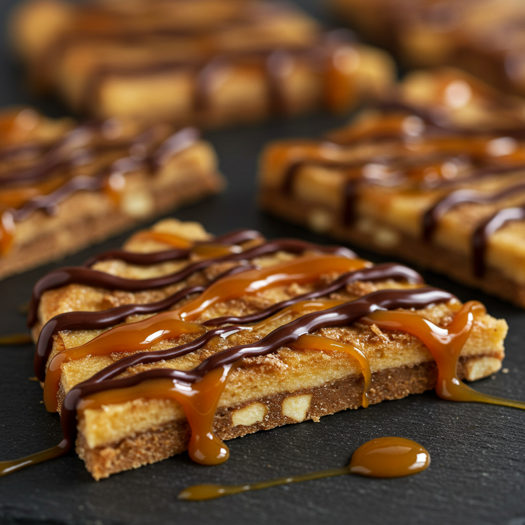 Caramel apple bark pieces topped with drizzled caramel and chocolate, displayed on a wooden board.