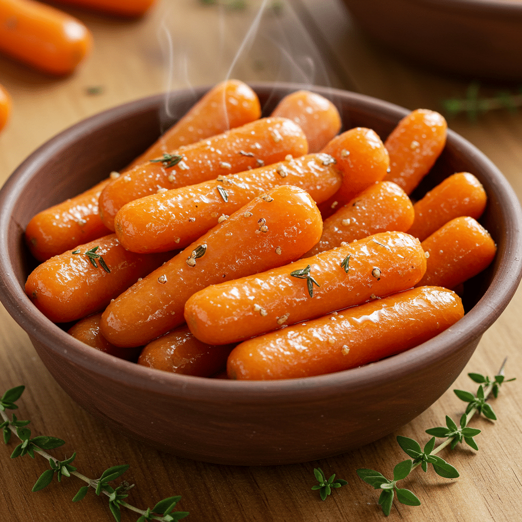 Steaming glazed baby carrots in a brown bowl, garnished with fresh herbs and a sprinkle of seasoning on a wooden table.