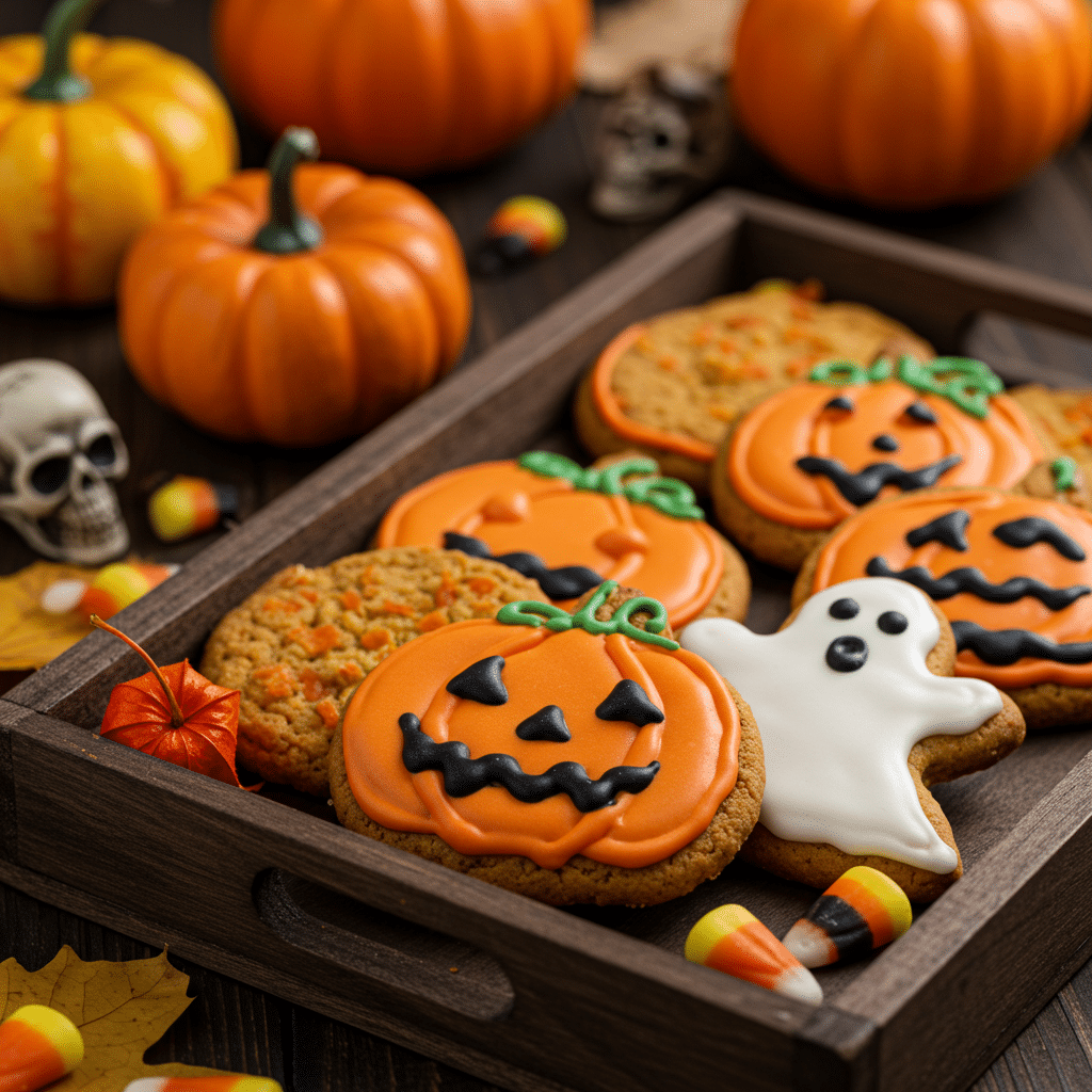 Pumpkin-shaped and ghost-shaped Halloween cookies with orange icing, surrounded by candy corn and pumpkins on a wooden tray.