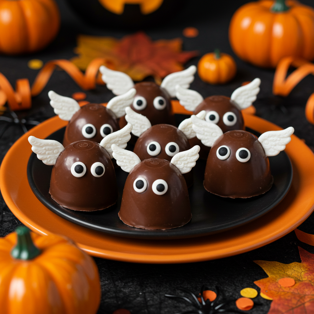 Chocolate candies shaped like bats with white candy wings and googly eyes, arranged on an orange Halloween plate with pumpkins