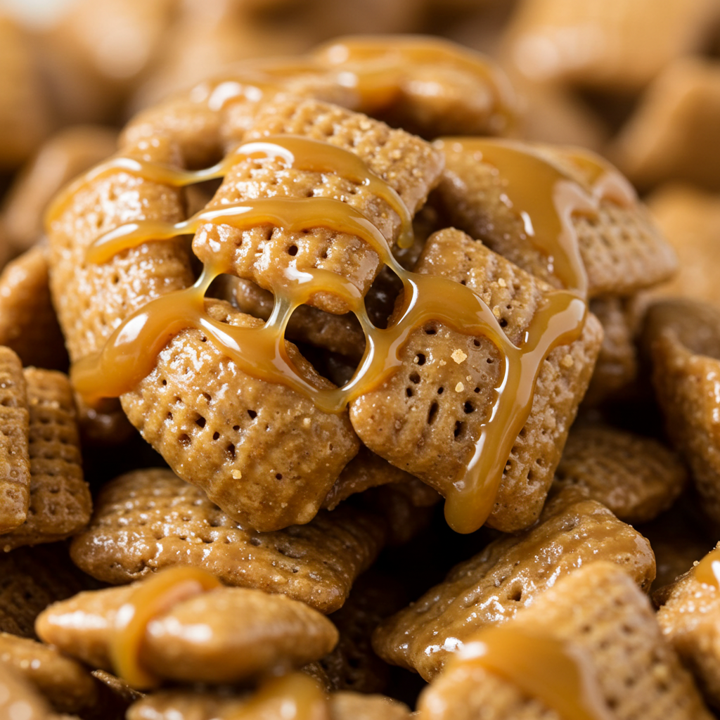 Chex cereal pieces coated in gooey caramel, stacked closely together with a golden brown color and shiny texture