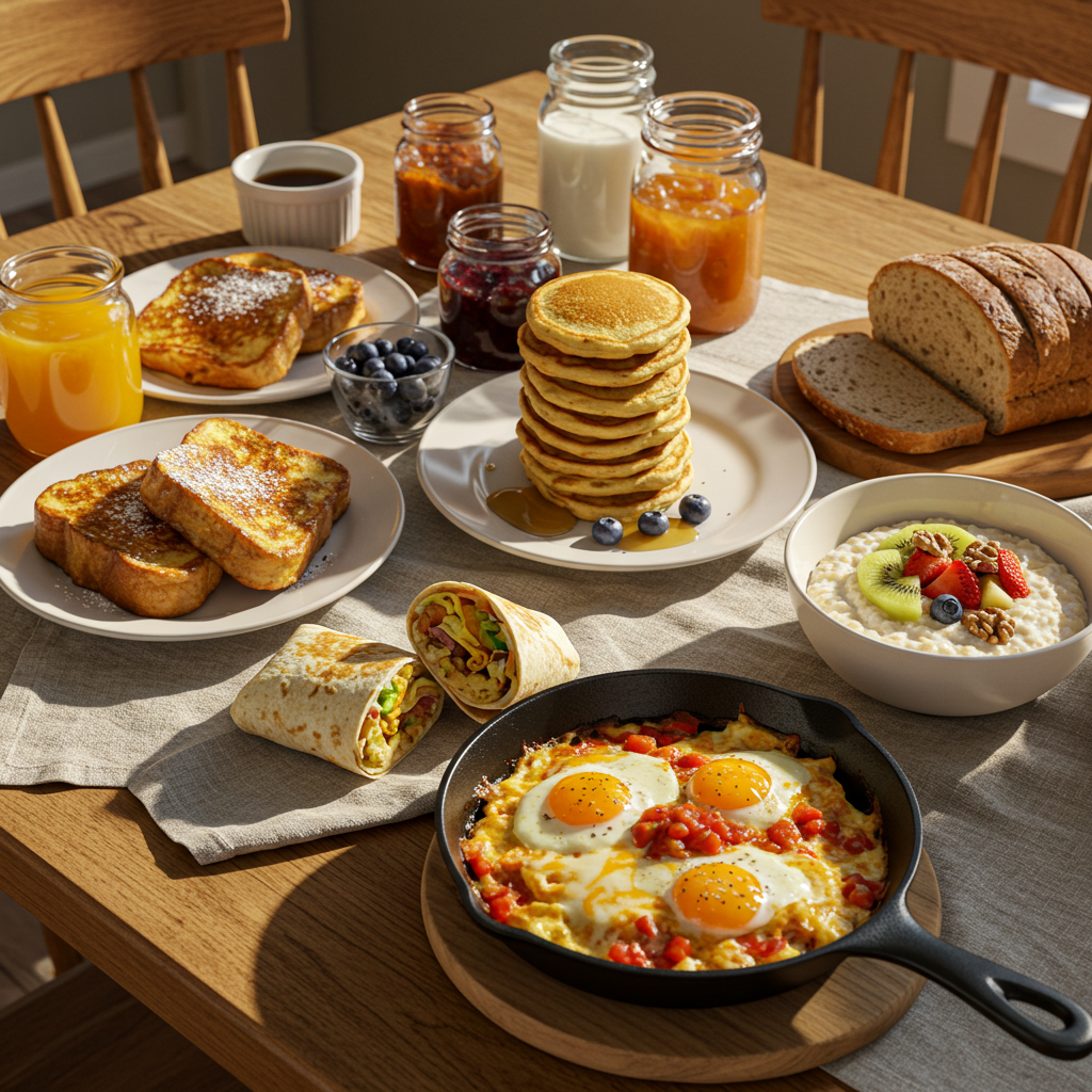 Hearty homemade breakfast with french toast, pancakes, burrito, huevos rancheros, Japanese pancake, Cream of Wheat, and fresh bread on rustic table