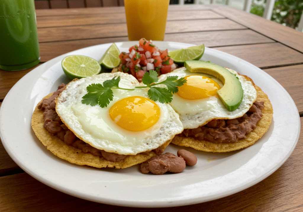 Traditional Mexican breakfast plate with eggs, salsa, refried beans, avocado, and tortillas.