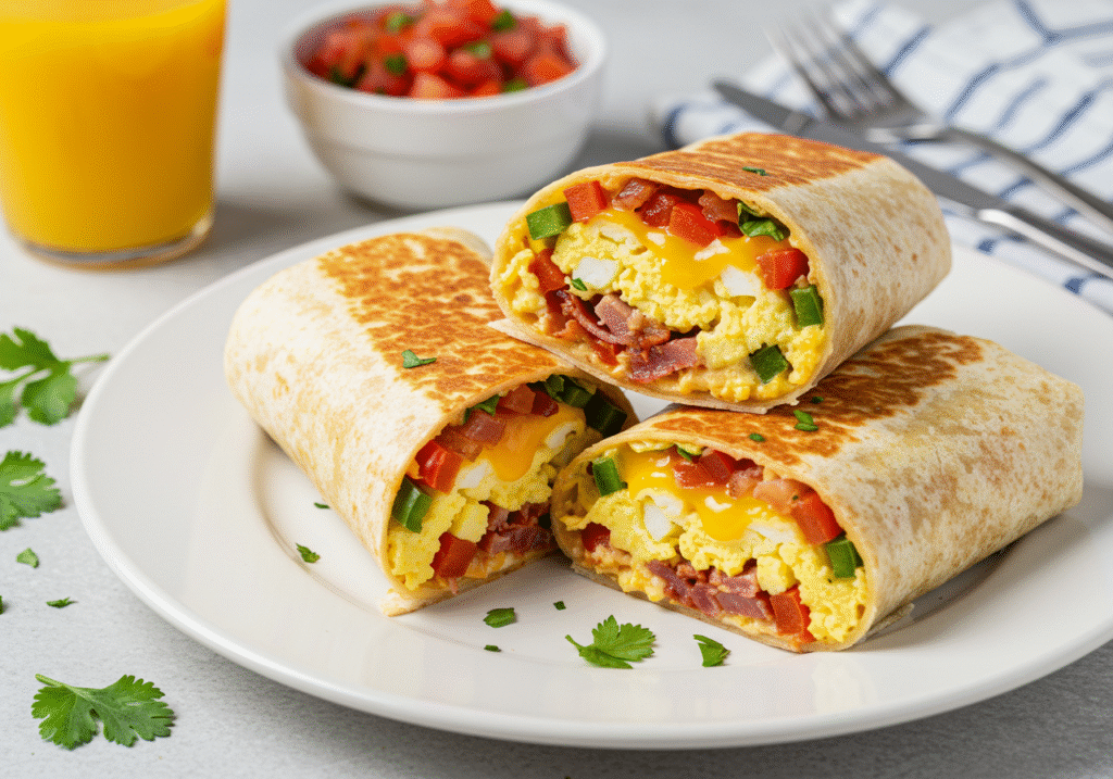 Breakfast burrito filled with eggs, peppers, cheese, bacon, and salsa on a white plate.