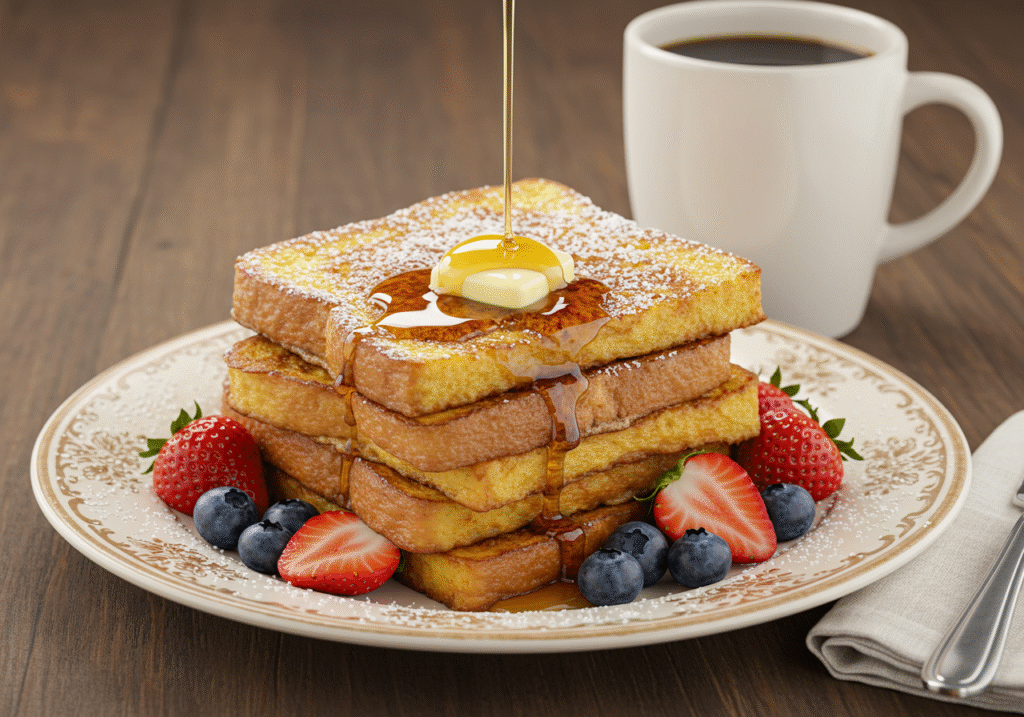 French toast with berries, powdered sugar, and maple syrup on a white plate.