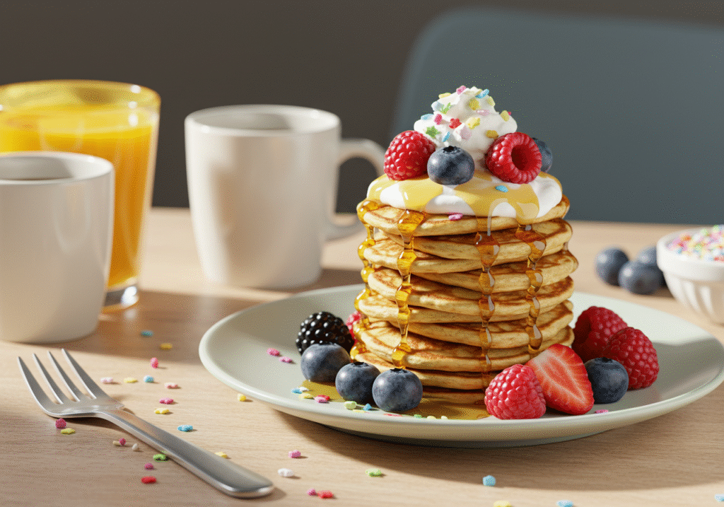Mini pancakes stacked with berries, syrup, and whipped cream.