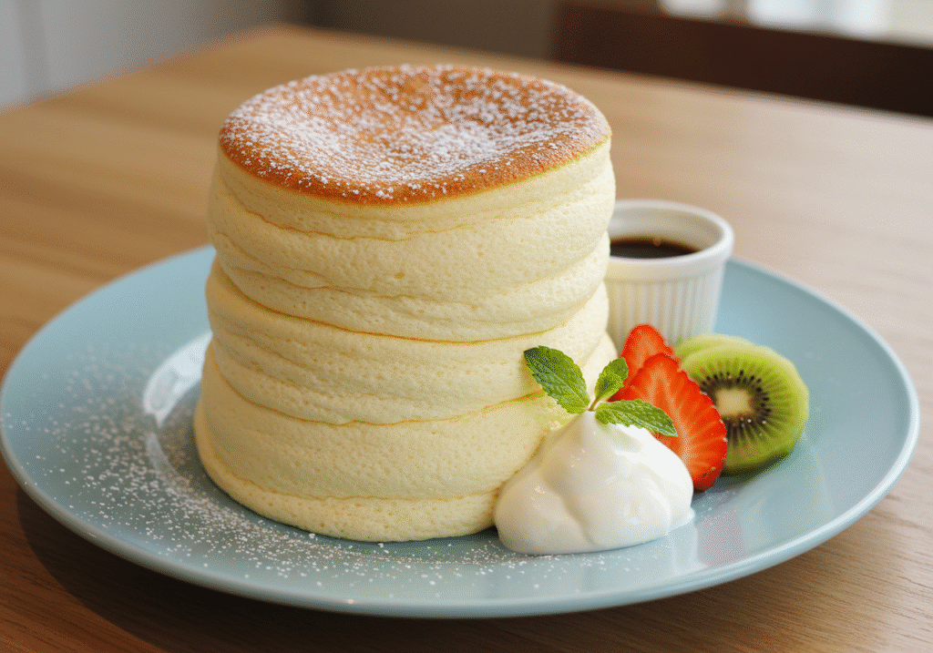 Japanese fluffy pancake with powdered sugar, mint, and fresh fruit.