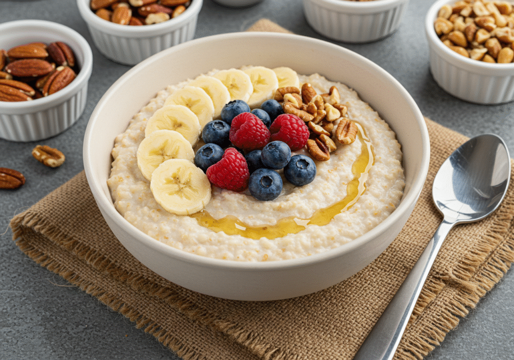 Cream of Wheat porridge with banana slices, berries, honey, and nuts.