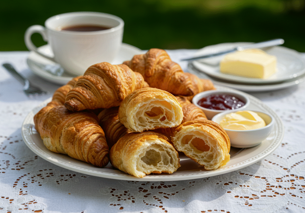 Swiss gipfeli croissants with butter and jam on a breakfast table.