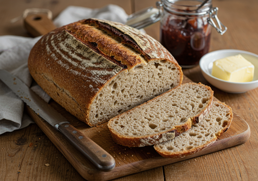 Partially sliced gluten-free sourdough bread on a wooden board with a dish of butter.