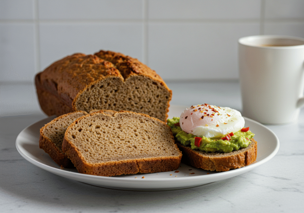 Low-carb bread slices with avocado and poached egg on a breakfast plate.