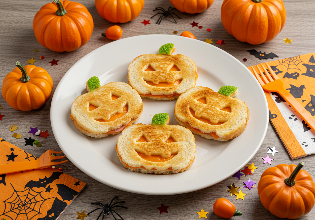 Four pumpkin-shaped cheese sandwiches with smiling faces on toasted bread, served on a white plate surrounded by small orange pumpkins.