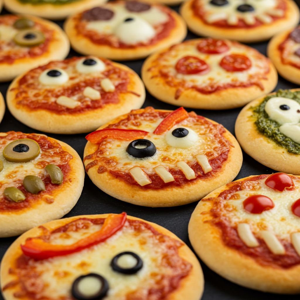 Mini pizzas decorated with cheese, olives, and vegetables to look like spooky Halloween monster faces on a dark serving tray