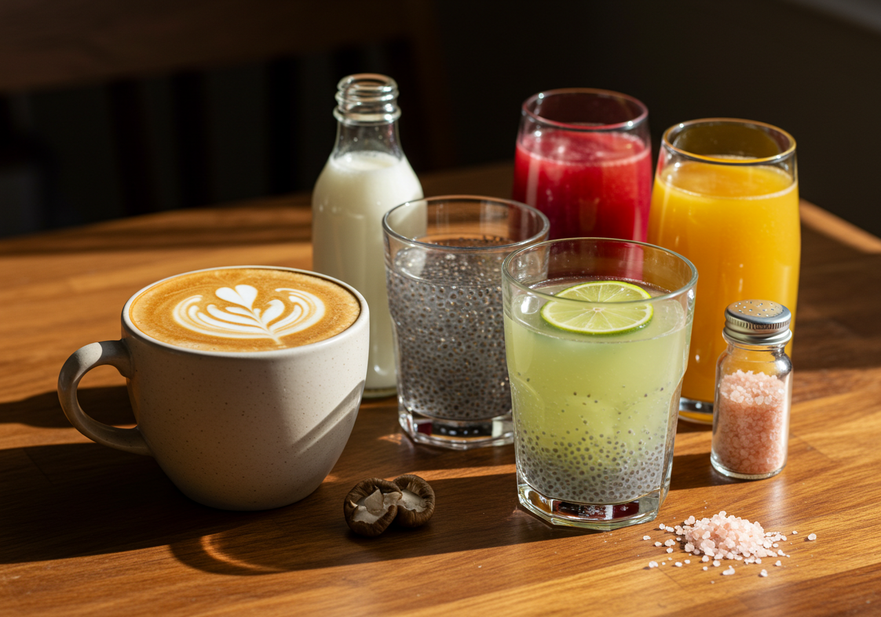 Assortment of energizing morning drinks including mushroom coffee latte, chia water, fresh lime juice, white cranberry juice, and natural supplements on wooden table