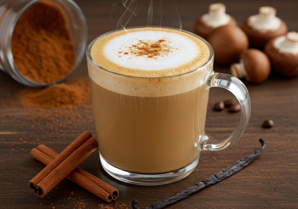 Steaming mushroom coffee latte with froth and cinnamon on wooden table with natural ingredients