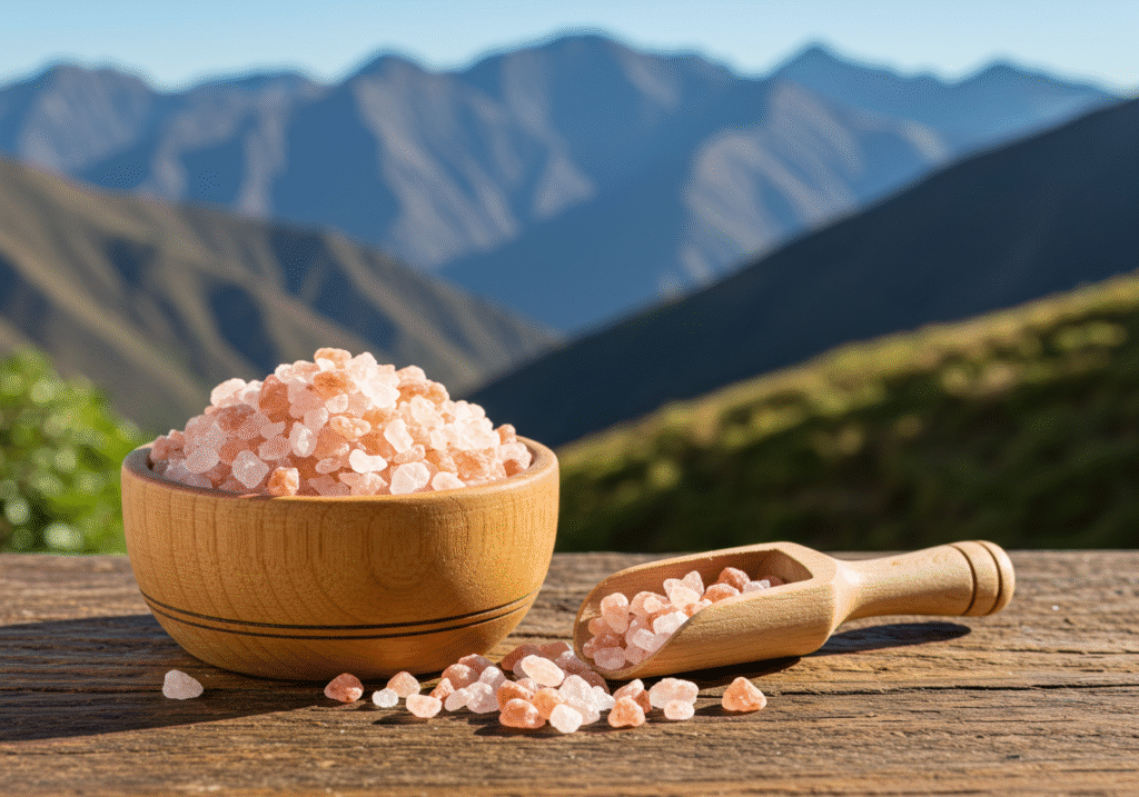 Bowl of pink Himalayan salt crystals with spoon and natural mineral background