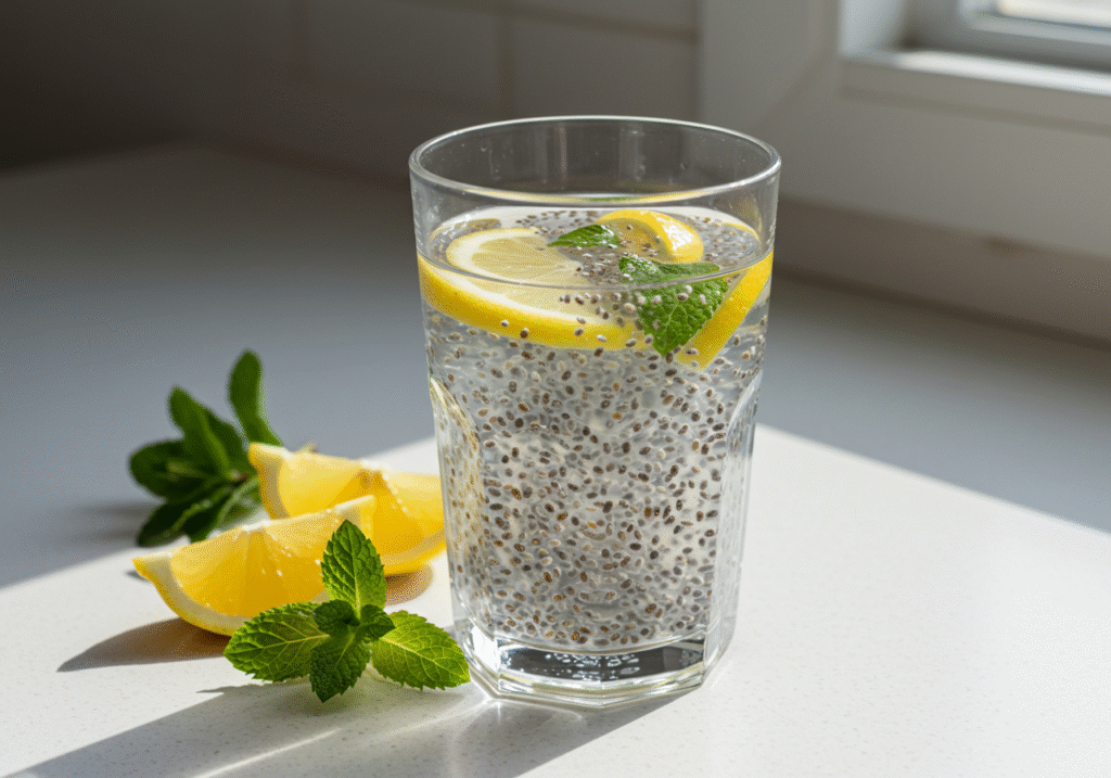 Glass of chia water with floating chia seeds, lemon slices, and mint on kitchen counter