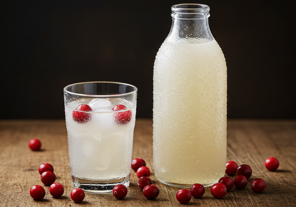 "Glass and bottle of white cranberry juice with fresh cranberries on rustic table"