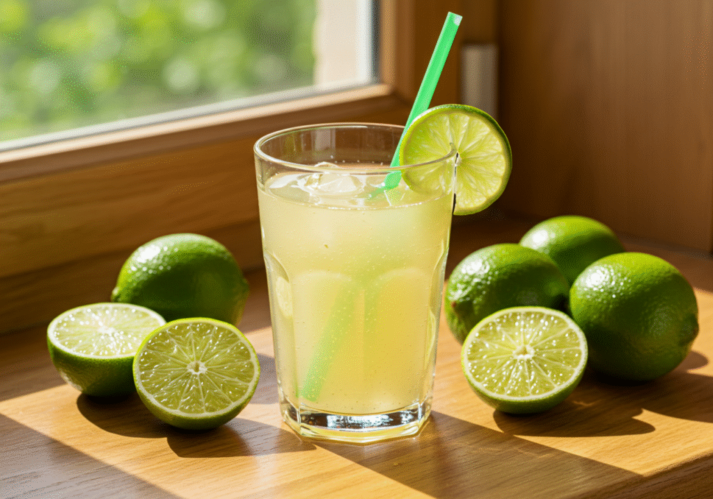 "Glass of fresh lime juice with lime wedges and green straw near sunny window"