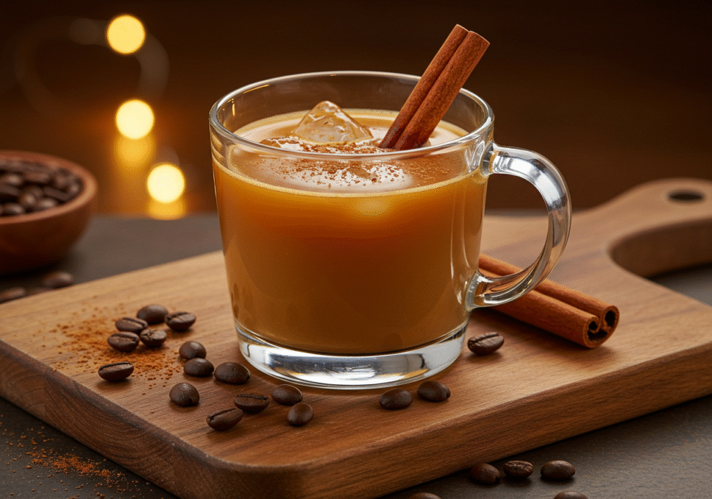 "Mexican Carajillo coffee cocktail with cinnamon stick and coffee beans on wooden board"