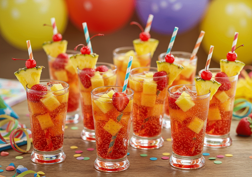 "Colorful Shirley Temple mocktails with fruit garnishes and sparkling bubbles on party table"