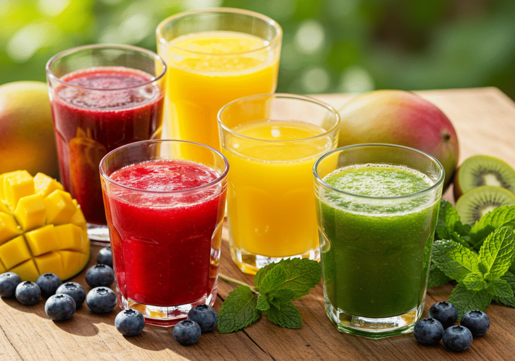 "Variety of fresh colorful juices with fruits and vegetables on rustic countertop"