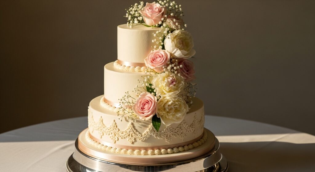 Elegant anniversary cake with flowers and frosting