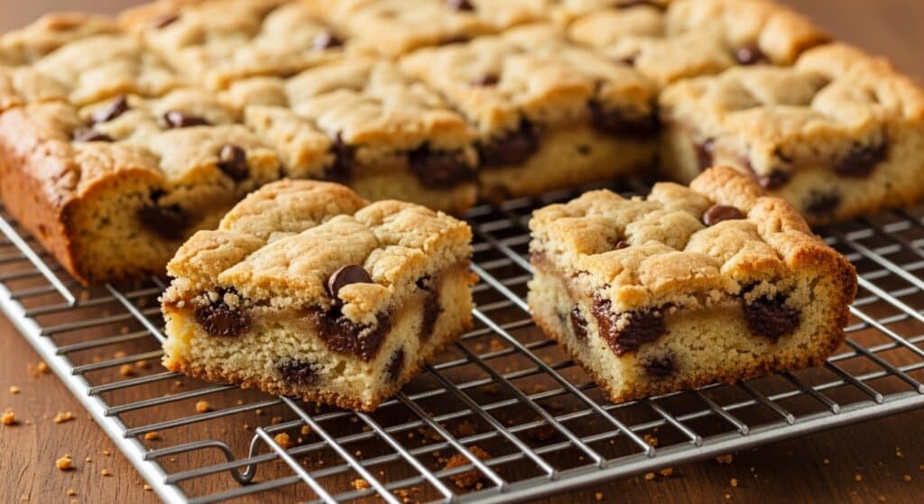 Chewy golden-brown cake mix cookie bars cut into squares cooling on rack