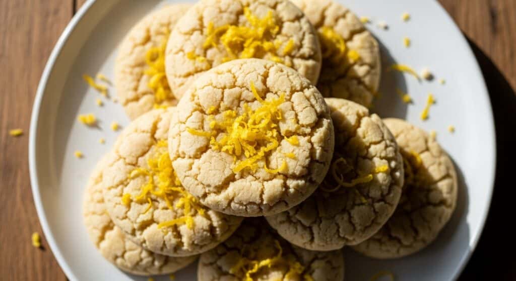 Soft lemon cookies garnished with fresh lemon zest on white plate