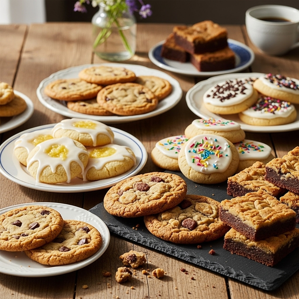 Assorted crispy cookie recipes and bars including thin, lemon, frosted, Crumbl-style, and cookie bars on wooden table