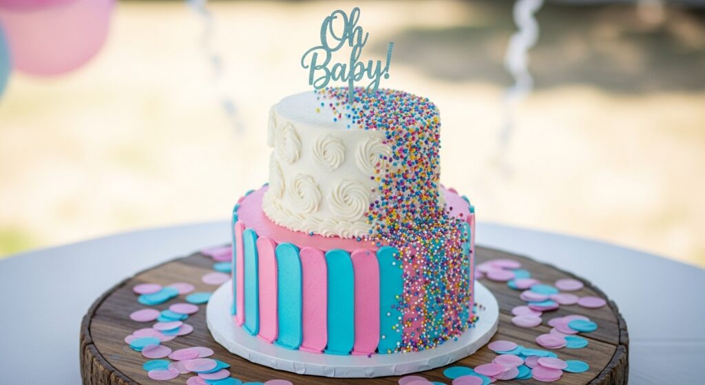 Gender reveal cake with pink and blue layers