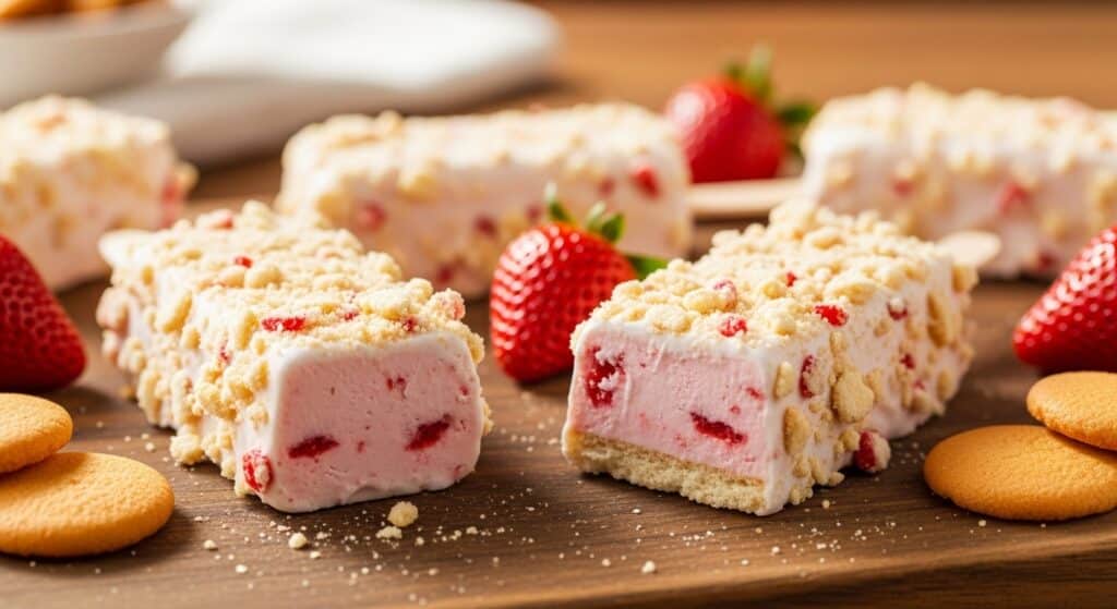 Strawberry shortcake ice cream bars with vanilla coating
