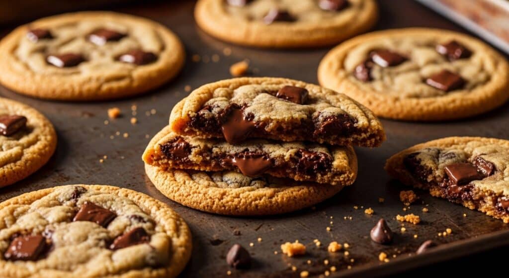 Thin crispy chocolate chip cookies with golden edges on baking sheet