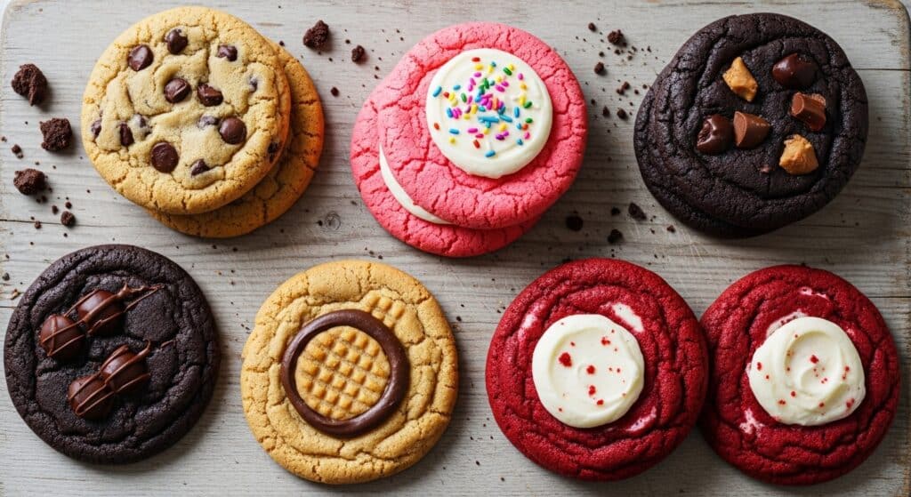 Assorted Crumbl cookies in different flavors arranged on wooden serving board