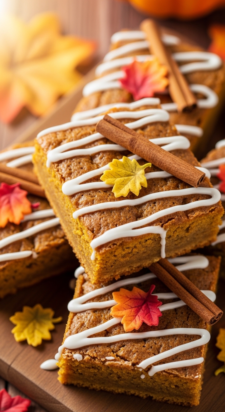 Pumpkin blondie squares topped with white icing, autumn leaf decorations, and cinnamon sticks on a wooden board.