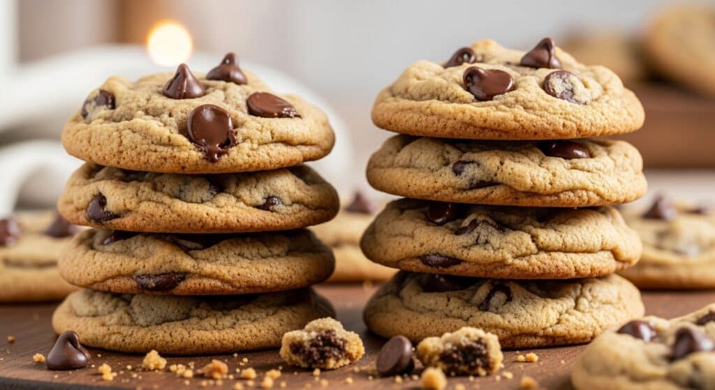 Classic Toll House chocolate chip cookies stacked with gooey centers and crispy edges