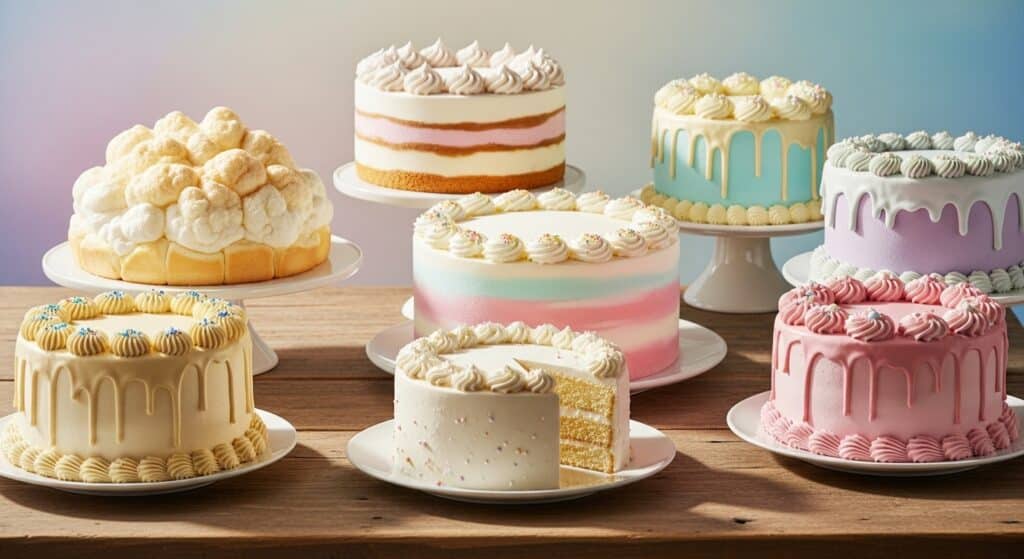 Assorted light and airy cakes including cloud cake, ice cream cake, and decorated birthday cakes on a rustic wooden table