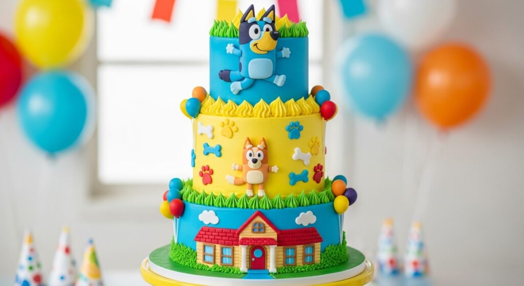 Bluey themed birthday cake with vibrant frosting