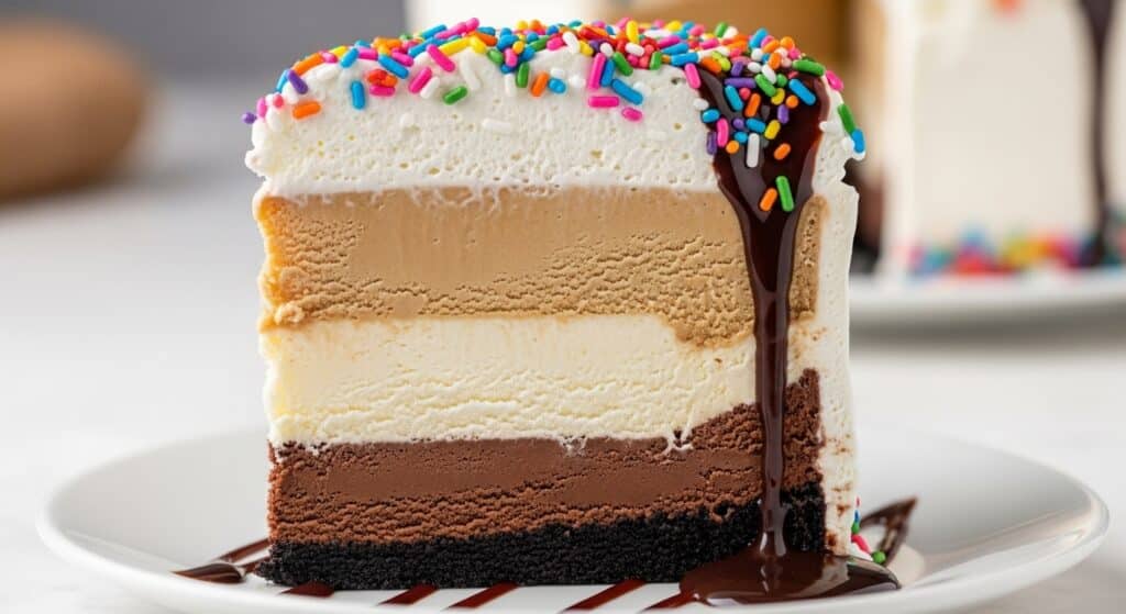 Layered ice cream cake with chocolate and whipped cream