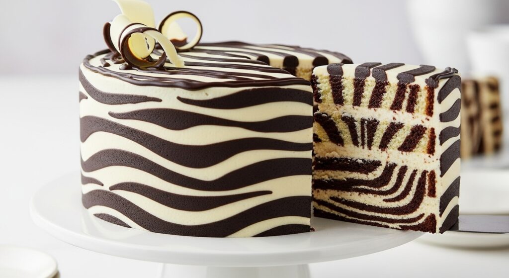 Zebra patterned chocolate and vanilla layered cake