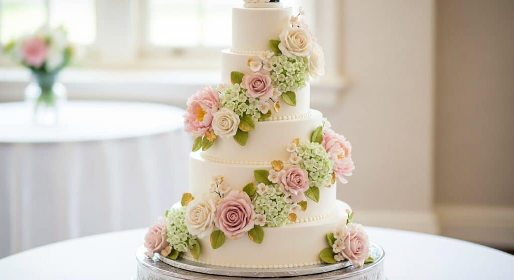 Classic white wedding cake with floral details