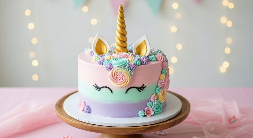 Magical pastel unicorn cake with golden horn