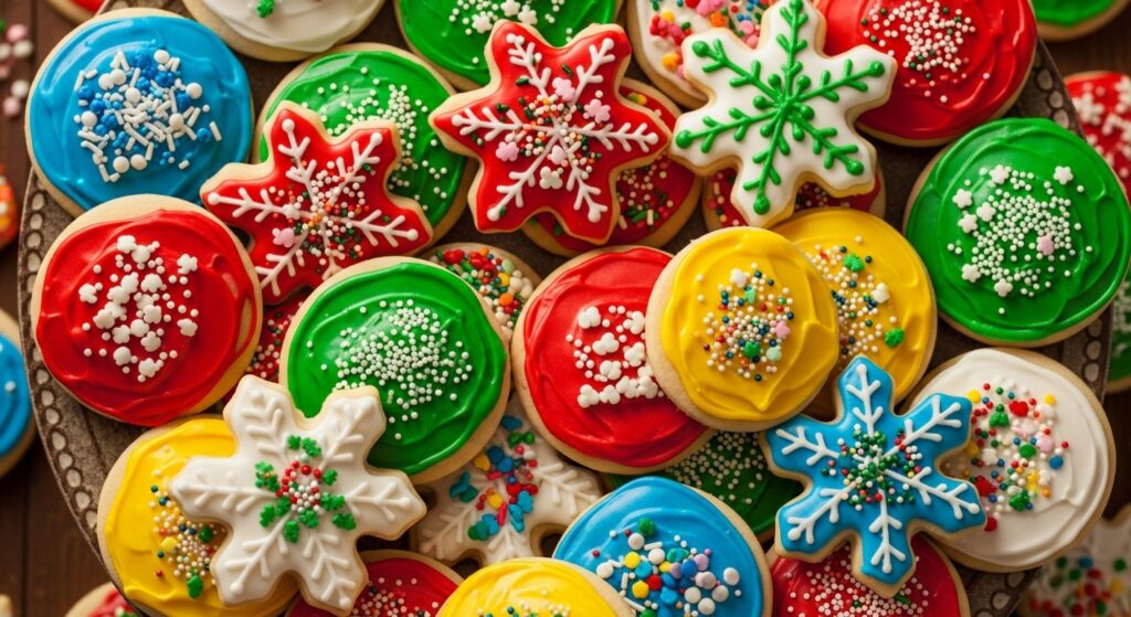 Vibrant frosted sugar cookies with sprinkles on a decorative platter