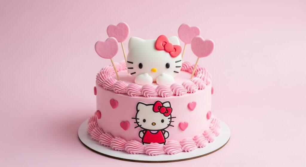 Hello Kitty themed pink cake with decorations