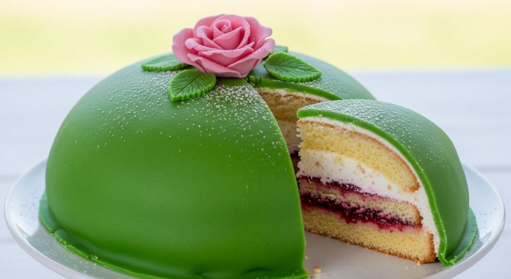 Swedish princess cake with green marzipan and rose