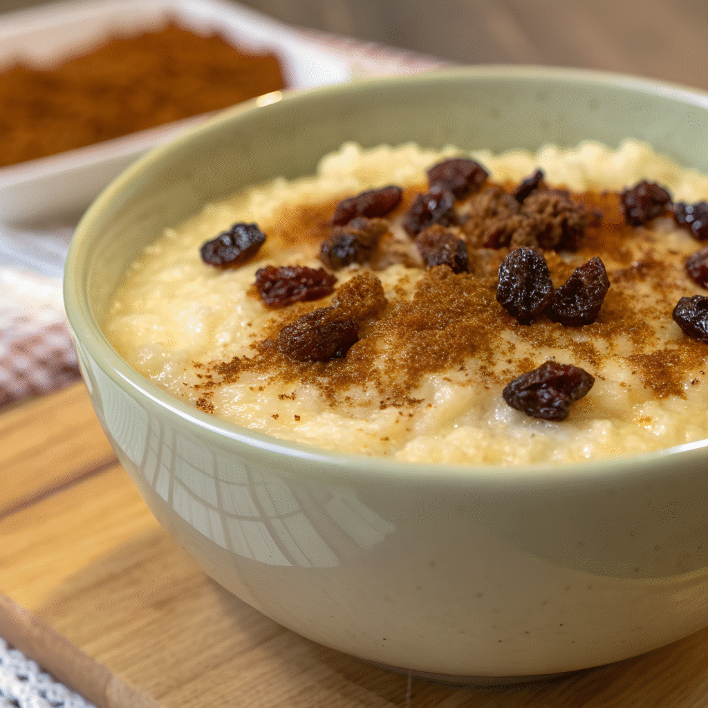 Creamy arroz con leche rice pudding topped with cinnamon and raisins in a bowl