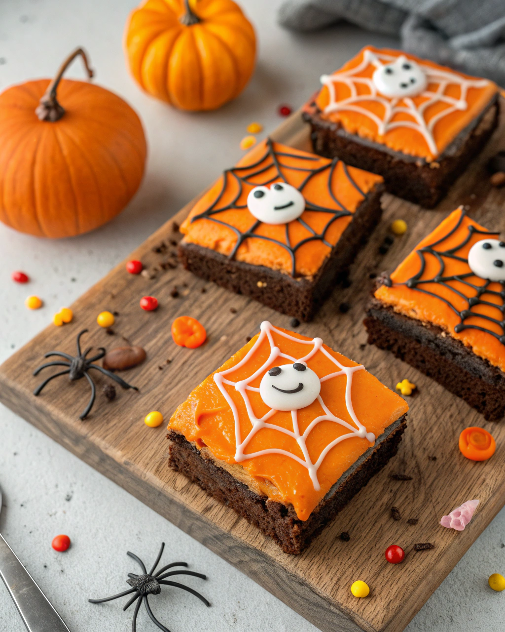 Brownies topped with orange frosting, spiderweb designs, and smiling ghosts on a wooden board with pumpkins