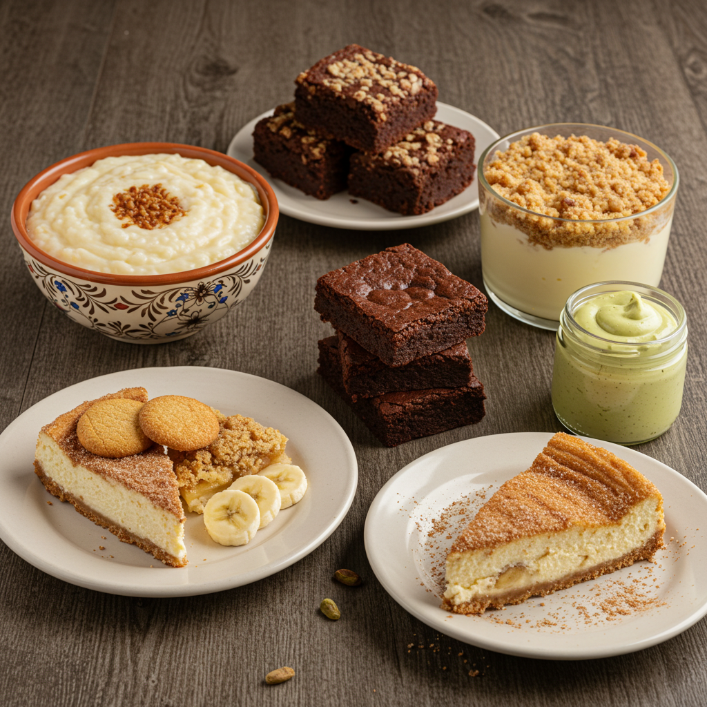 Assorted classic desserts including arroz con leche, chocolate brownies, cheesecake with bananas, apple crumble, and mousse on a wooden table