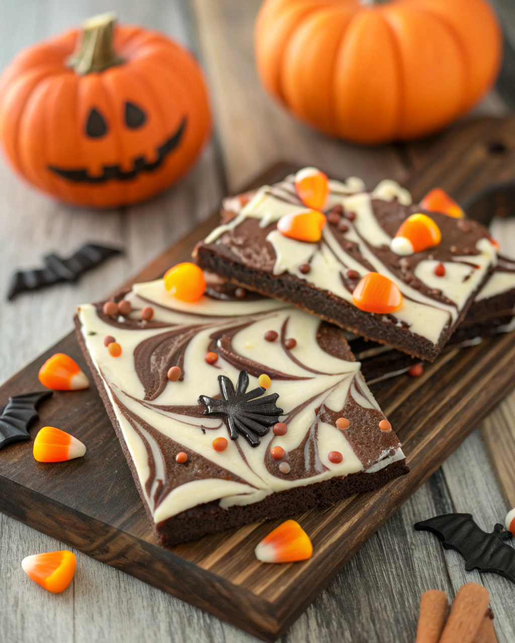 Festive Halloween chocolate bark topped with orange sprinkles and candy eyes on a dark plate.