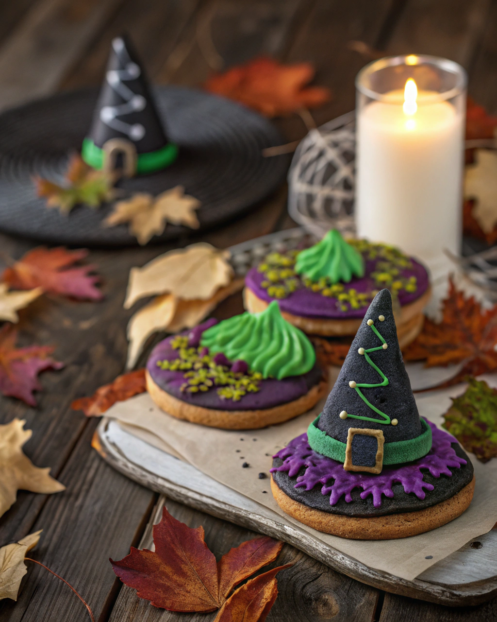 Colorful witch hat cookies decorated with purple, black, and green icing, surrounded by autumn leaves and candlelight.
